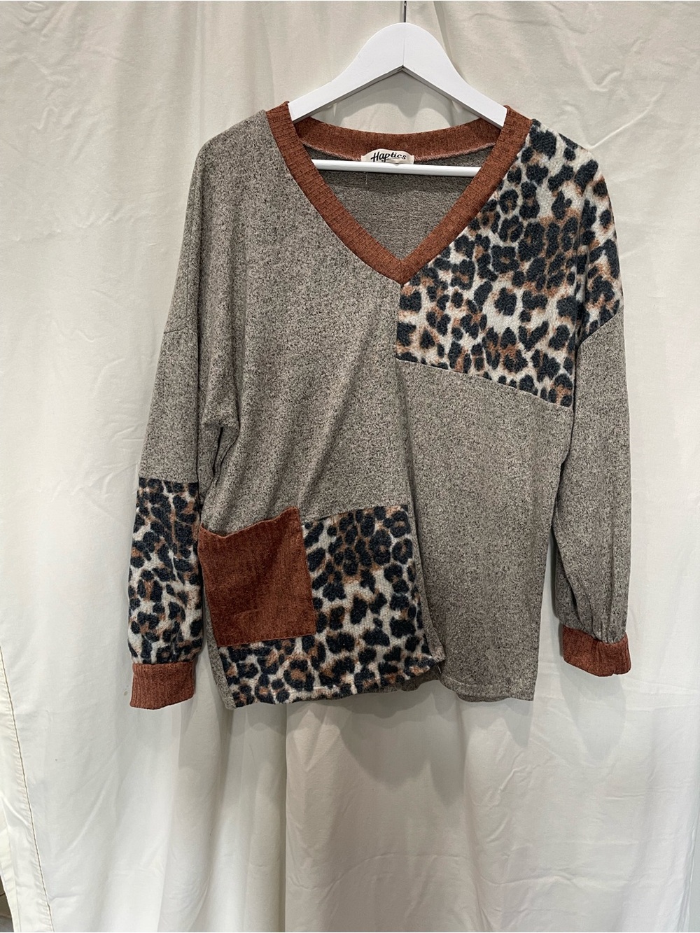 Haptics Taupe & Brown Leopard Patch V-Neck Sweater